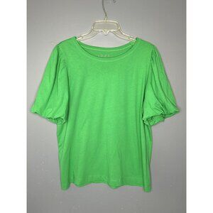 Loft Shirt Womens Large Kelly Green Puff Sleeve 100% Cotton Crewneck Top Blouse
